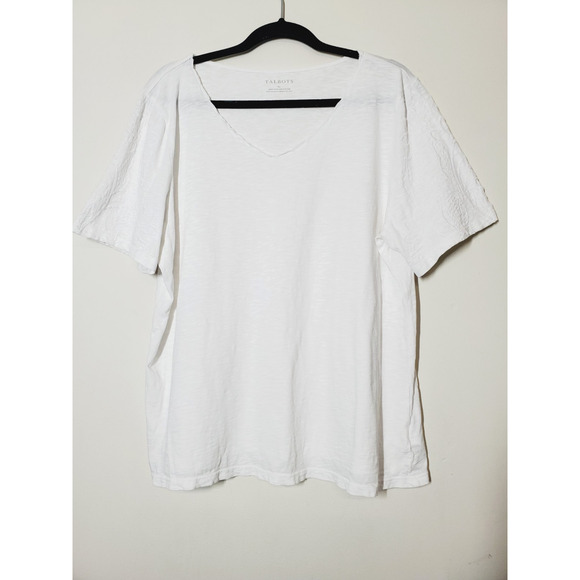 Talbots Womens XL White Top Short Sleeve Embroidery T-shirt 100% Cotton V-neck - Picture 9 of 9